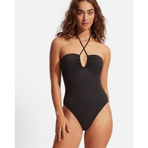 SEAFOLLY Sea Dive Halter Bandeau One Piece Swimsuit US 4 Black NWT - Picture 1 of 13